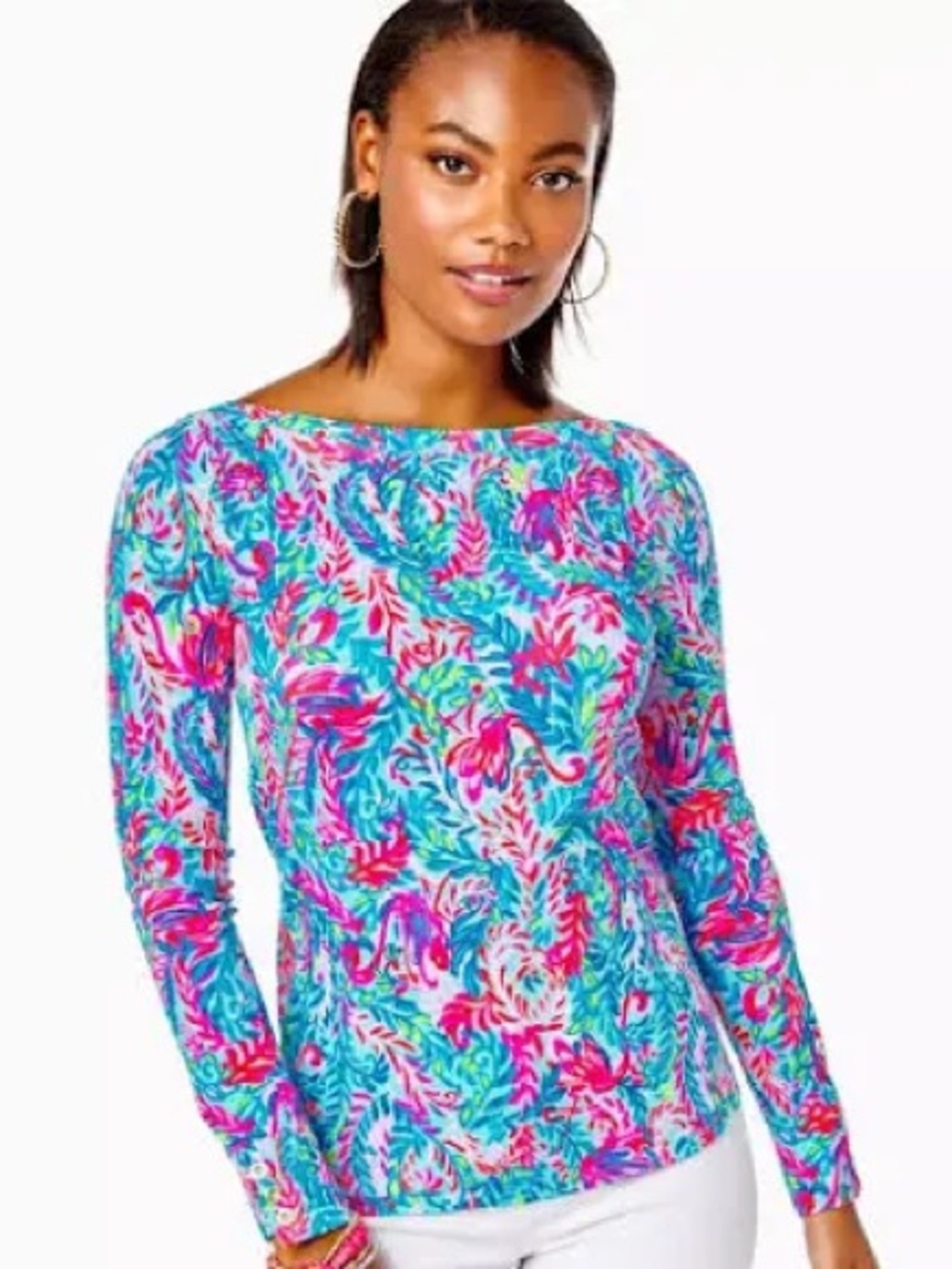 Lilly Pulitzer Aleah Long-Sleeve Top  vibrant "Surf Blue Flim Flam" print Medium